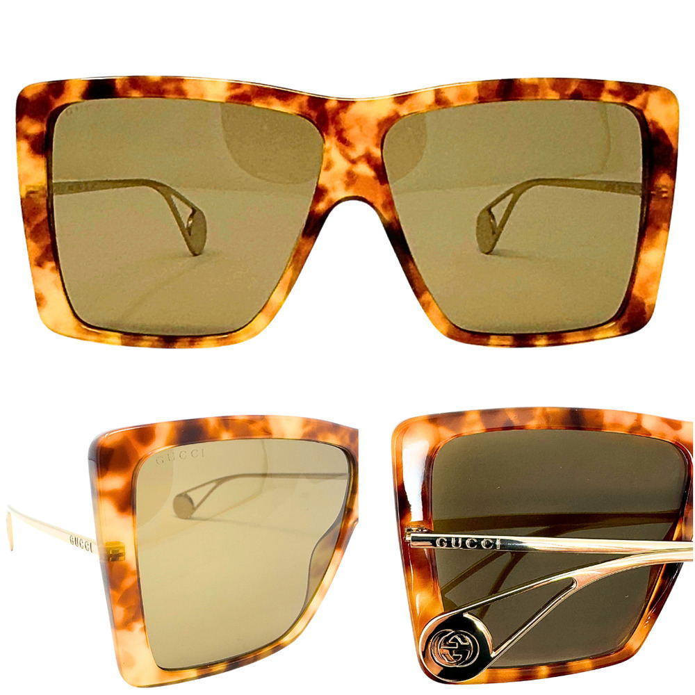 Gucci Sunglasses Oversized Square GGโ LOGO Brown Acetate Gold Wire Frames NEW